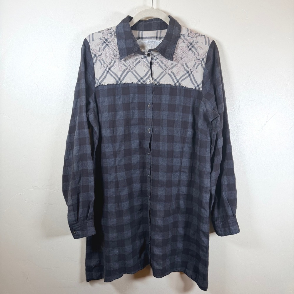 Johnny Was 3J Workshop Plaid Embroidered Tunic Top Women Medium Gray Floral Boho